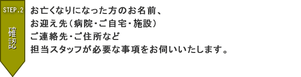 STEP.2　お亡くなりになった方のお名前、お迎え先（病院・ご自宅・施設）など、ご連絡先・ご住所など担当スタッフが必要な事項をお伺いいたします。