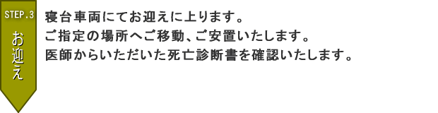 STEP.3　寝台車両にてお迎えに上ります。ご指定の場所へご移動、ご安置いたします。医師からいただいた死亡診断書を確認いたします。